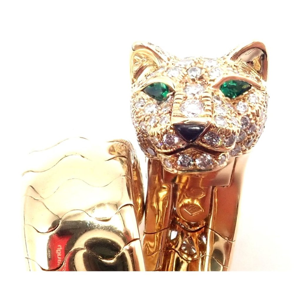 Authentic! Cartier Panther 18k Yellow Gold Diamond Emerald Onyx Band Ring - Picture 8 of 11